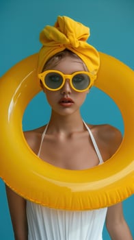 Stylish Young Woman Posing with Inflatable Ring in Colorful Studio Setting photo