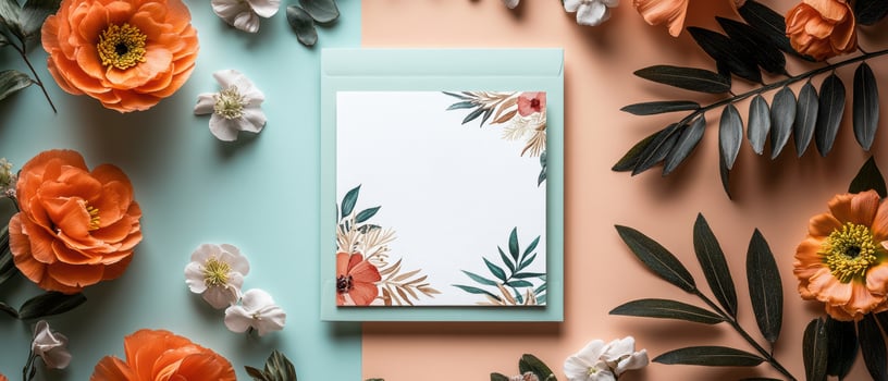Flat Lay of Floral Stationery with Orange and White Flowers on Pastel Background photo