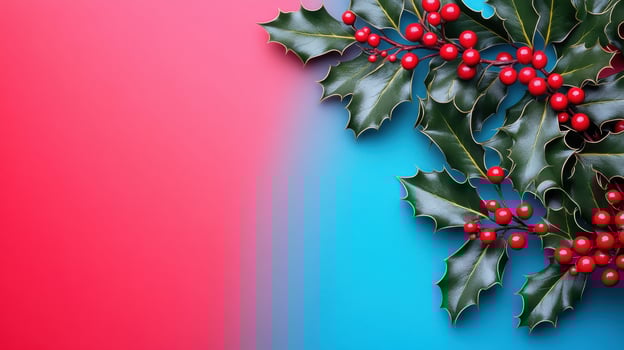 Festive Holly Leaves and Red Berries on Vibrant Red and Blue Background for Holiday Celebrations photo