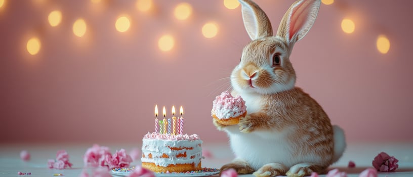 Adorable Bunny Celebrating Birthday with Cake and Candles in Festive Setting photo