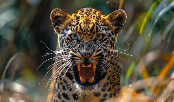 A young leopard is standing in the grass with its mouth open, showing its teeth. Concept of danger and aggression, as the leopard appears to be ready to attack photo