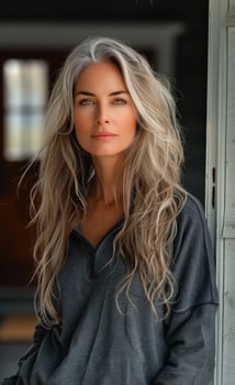 A woman with long blonde hair is standing in front of a door. She is wearing a black sweater and has a serious expression on her face photo