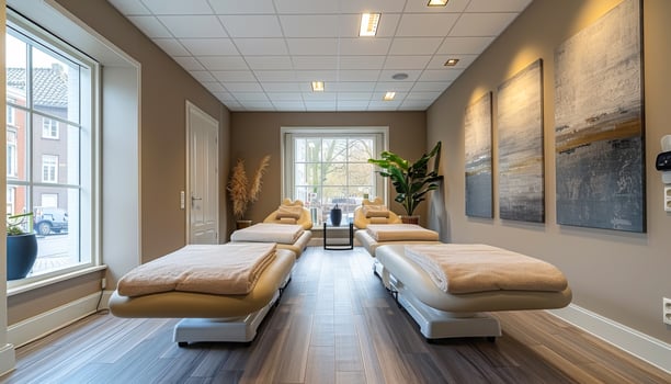 A spa room with two massage beds and a potted plant. The room has a calming and relaxing atmosphere photo