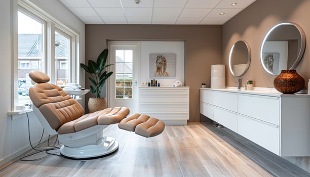 A spa room with a tan chair and a potted plant. The room is clean and well-lit, with a mirror on the wall and a vase on a table. The overall mood of the room is calm and relaxing photo