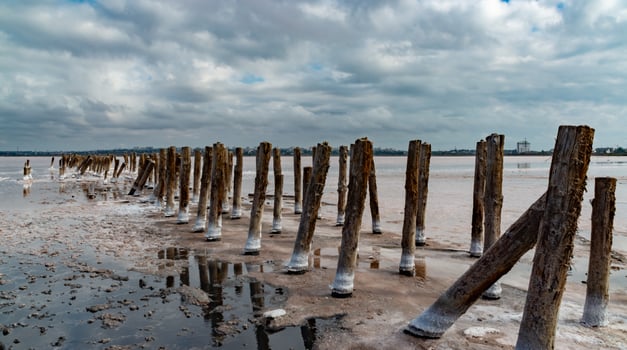 Salt crystals on wooden pillars of an old 18th century salt industry. The ecological problem is drought. photo