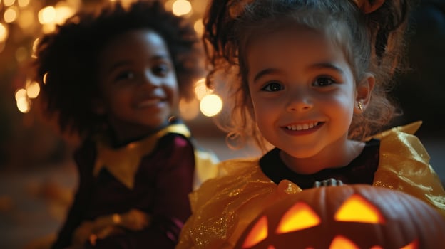 Little kids in costume celebrating halloween together photo