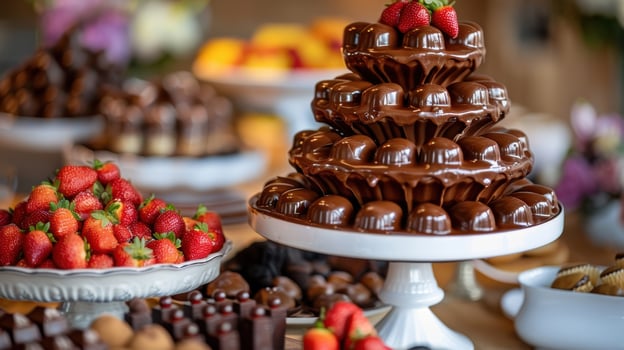 Decadent chocolate fountain with fresh strawberries and gourmet desserts display photo