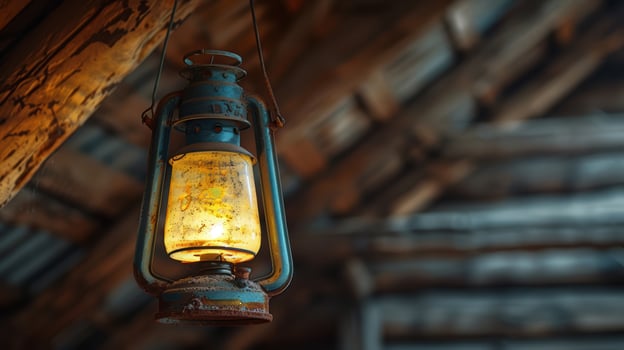 Old lantern hanging from the ceiling of a wooden building photo