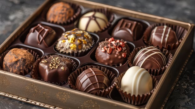 A delightful assortment of gourmet chocolates arranged in a luxurious box, perfect for gifts or indulgent treats. photo