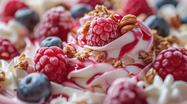 Delicious dessert with whipped cream, fresh raspberries, blueberries, and crunchy granola, perfect for summer indulgence. photo