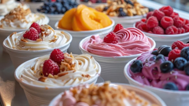 Delicious variety of frozen yogurt topped with fresh fruits and nuts, perfect for a refreshing dessert. photo
