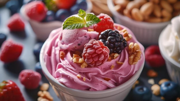 Delicious purple ice cream topped with fresh berries and nuts, perfect for a summer treat or dessert inspiration. photo