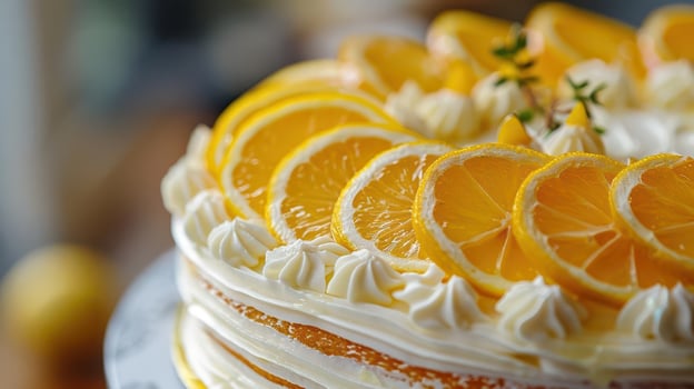 A beautifully decorated lemon cake topped with fresh orange slices and creamy frosting, perfect for celebrations and desserts. photo
