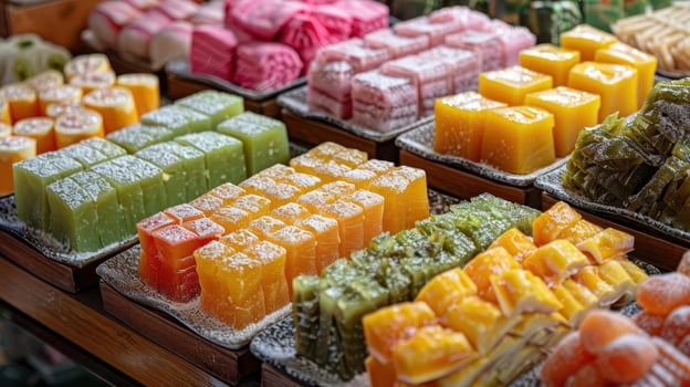 Vibrant display of colorful desserts, showcasing a variety of traditional sweet treats in an inviting market setting. photo