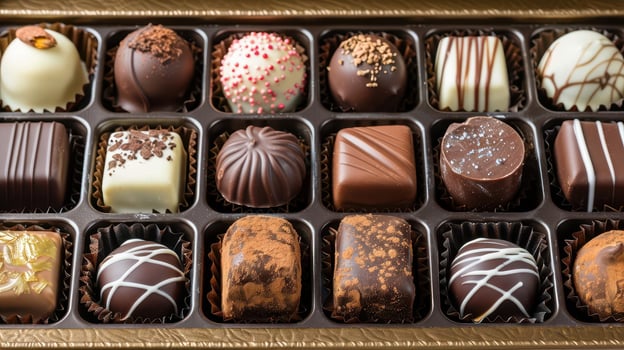 Indulge in a delightful assortment of gourmet chocolates, each piece artfully crafted for a satisfying taste experience. photo