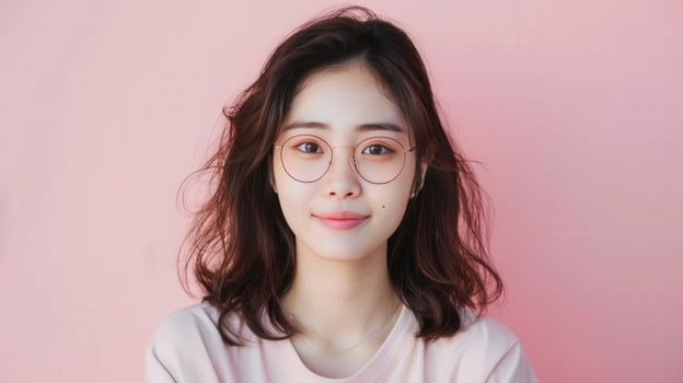 A young woman with glasses and wavy hair poses confidently against a soft pink background, exuding a friendly and approachable vibe. photo