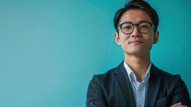 Confident businessman in glasses stands with crossed arms, showcasing professionalism against a vibrant teal background. photo