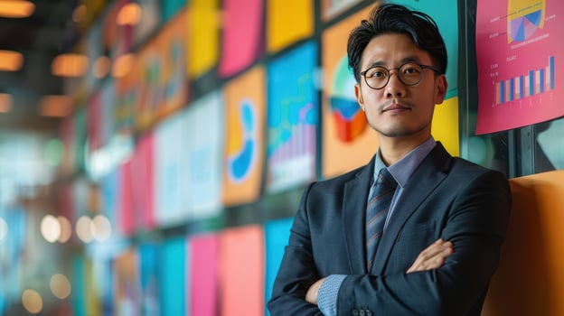 Confident young businessman stands in modern office with colorful charts on wall, showcasing professionalism and creativity. photo