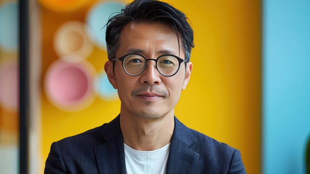 Confident man in glasses poses against a colorful background. Ideal for business, professional, or creative themes. photo