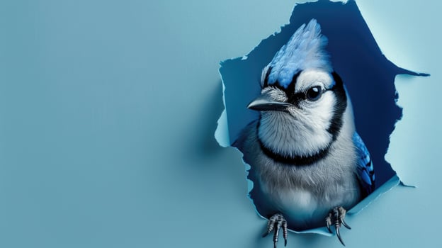 cute blue jay peeking through a hole photo