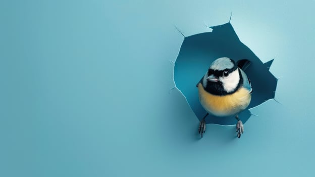cute chickadee peeking through a hole photo