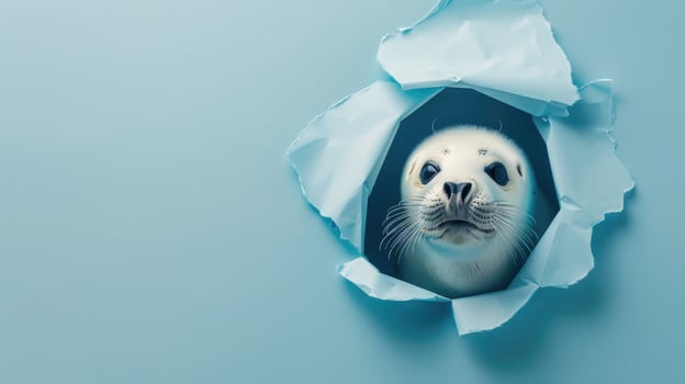 cute harp seal peeking through a hole photo
