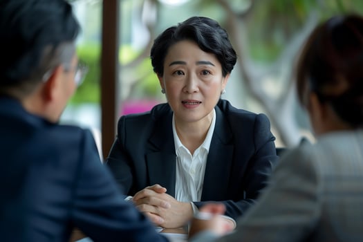 A businesswoman in a black suit is engaged in a conversation with her colleagues photo