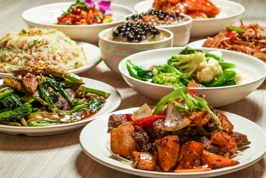 Assortment Chinese food, Egg Fried Rice, Sauteed Pork Liver, mix vegetables, Stir Fried Rice Vermicelli, Sweet sour fish fillet, saliva chicken, taro balls grass jelly, Honey Lemon Aloe vera boba photo
