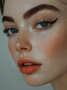 Close-up of a woman with striking makeup and natural beauty indoors photo