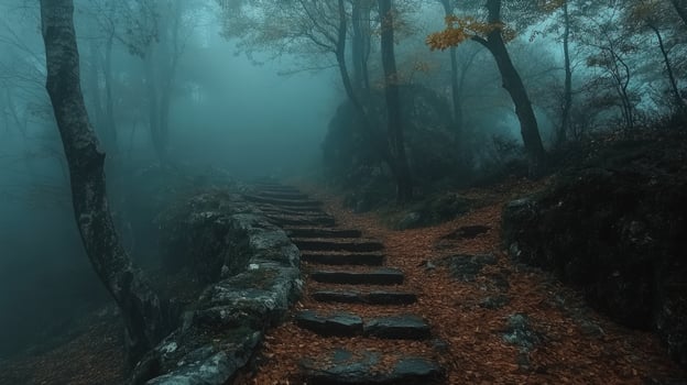 Stone staircase leading upwards through foggy autumn forest photo