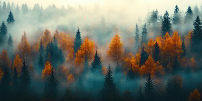 Golden light bathing misty autumn forest landscape at sunrise photo