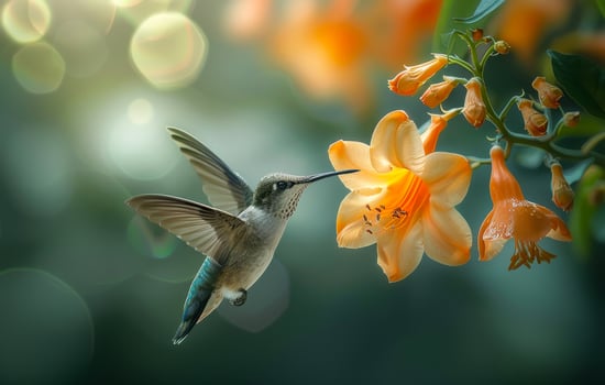 A hummingbird is drinking nectar from a flower. The flower is orange and has a yellow center. The image has a peaceful and serene mood photo