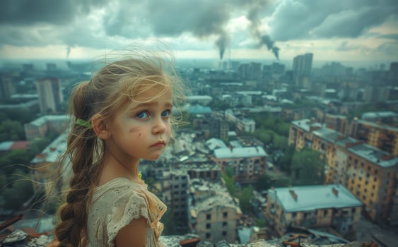A young girl with long hair stands on a rooftop looking out over a city. The sky is cloudy and the cityscape is filled with tall buildings. The girl appears to be looking at something in the distance photo