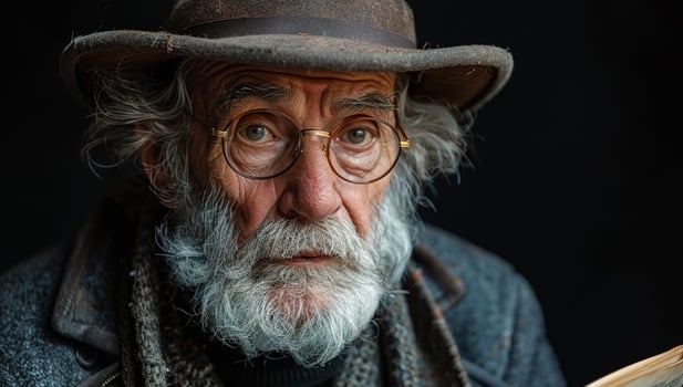 An old man with a hat and glasses is sitting in a dark room. He is reading a book photo