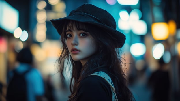 Cinematic street photography of a beautiful young girl photo