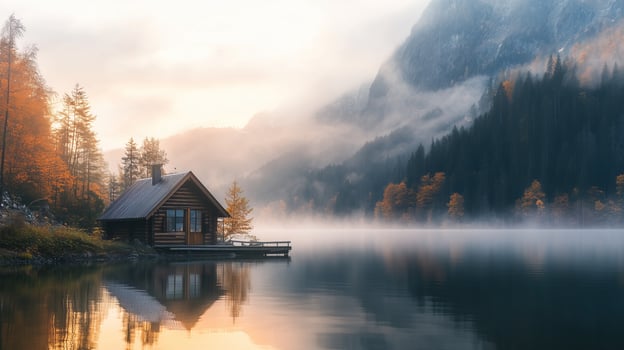 Serene lake scene with misty mountains and a wooden cabin photo