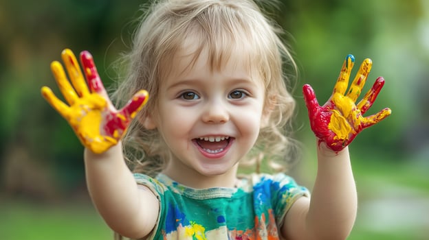Happy child enjoying colorful finger painting photo