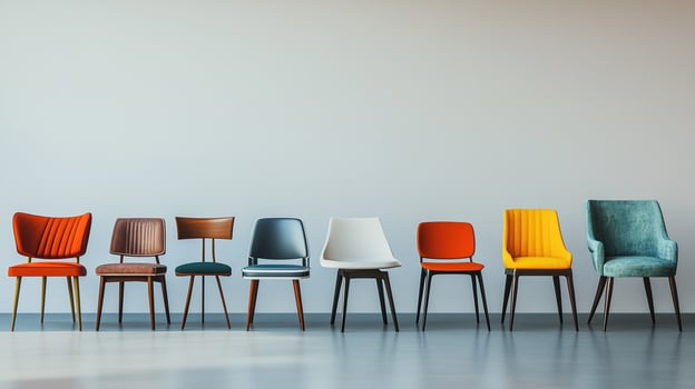 A collection of dining chairs in various colors photo