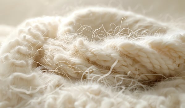 A close up of a fuzzy white sweater with a lot of yarn. The sweater is knitted and has a lot of texture photo