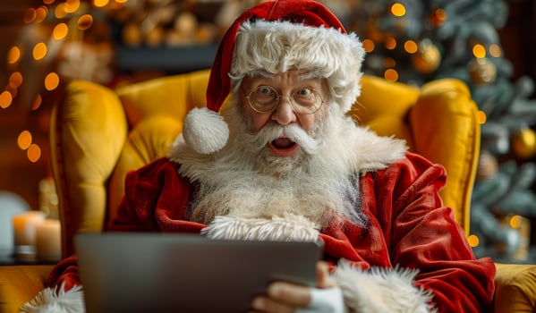 A man dressed as Santa is sitting in a yellow chair and looking at a laptop. He is surprised or shocked by something on the screen photo