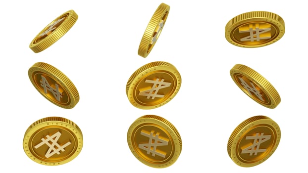 3D rendering of set of abstract golden Nigerian Naira coins concept in different angles. Naira sign on golden coin isolated on white background photo