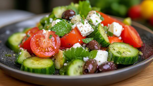 Fresh cucumber and tomato salad with feta and olives served on a dark plate photo