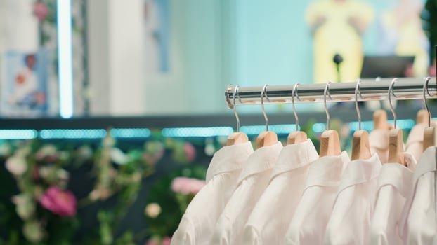 Panning shot of cheap and sustainable clothing from zero waste shopping outlet in shopping center. Close up shot of elegant white wedding men shirts in eco friendly second hand store photo