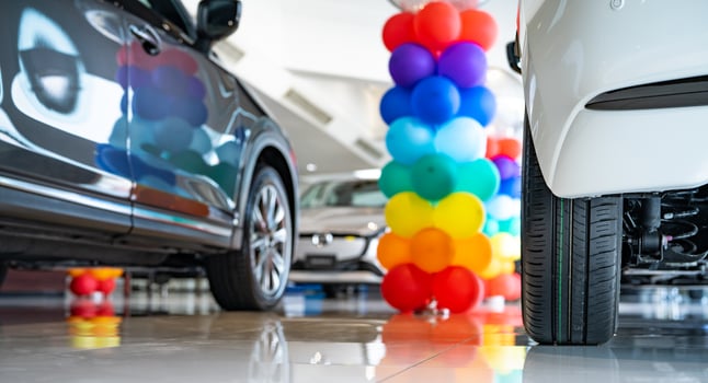 Car parked in luxury showroom. Car dealership office. Car showroom business. New car parked in modern showroom. Auto for sale and rent business. Automobile leasing and insurance. Electric automobile. photo