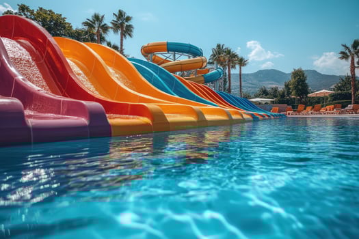 Colorful water slides pouring into a blue swimming pool on a sunny day photo
