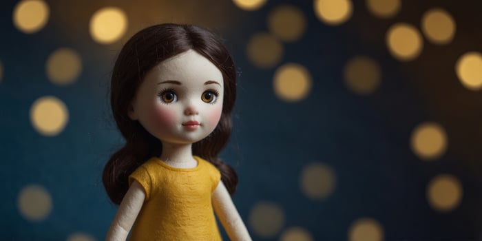 Adorable felt doll in yellow dress on blue background. photo