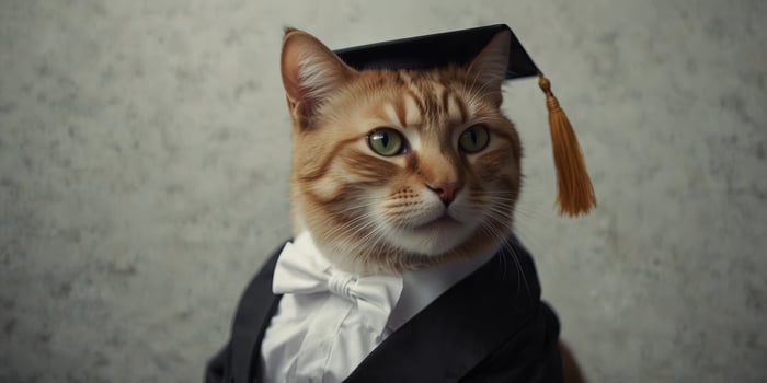 Cat Wearing Graduation Cap with Black Bow Tie and White Shirt. photo
