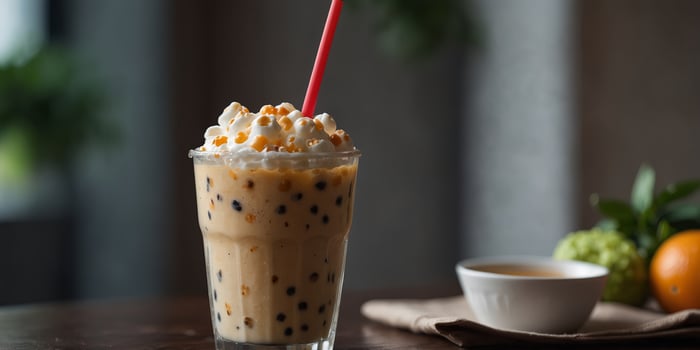 Delicious tapioca in a bubble milk tea with ice shown in a copy space image. photo