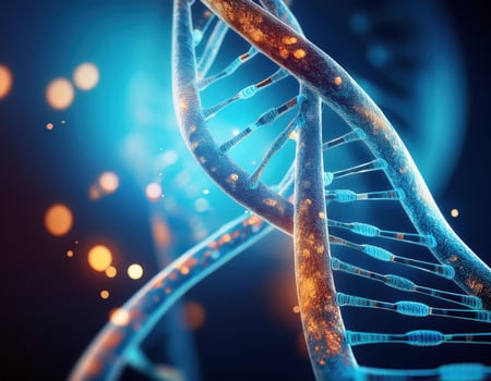 Glowing DNA Strands Close Up Genetic Mapping photo