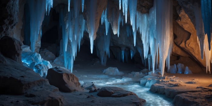 A stunning image of a cave with blue stalactites and stalagmites. photo
